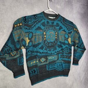 Saturdays Mens Vintage Teal Black Gold Geometric Pattern Knit Sweater size Large